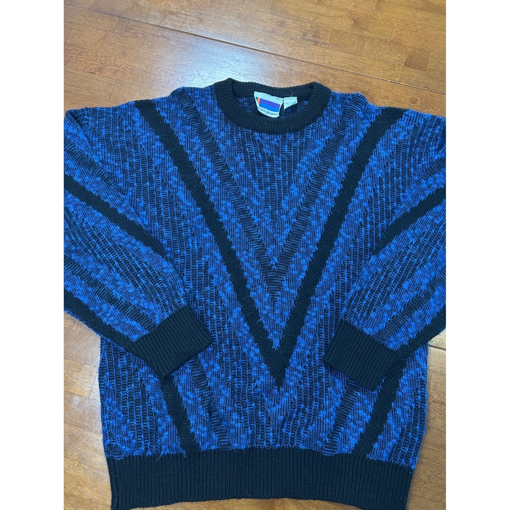 Vintage Sweater Graphix Knit Sweater Mens Large Blue Geometric V Pattern USA